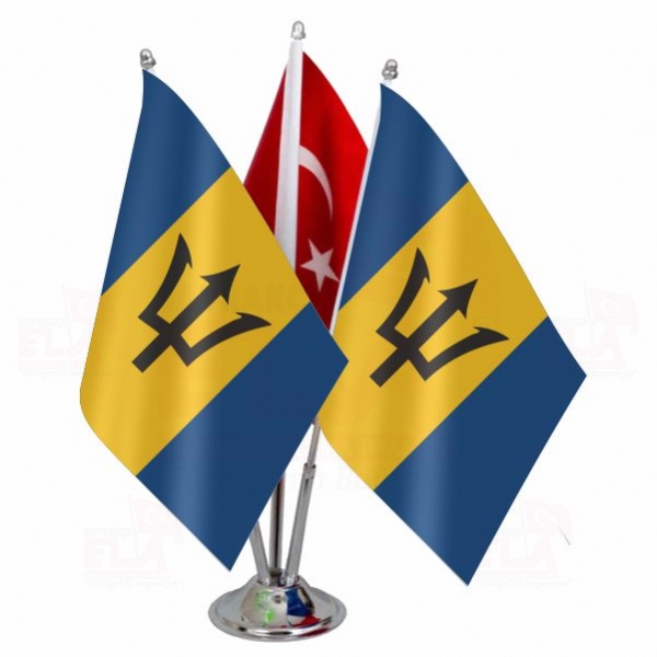 Barbados Logolu Üçlü Masa Bayrağı