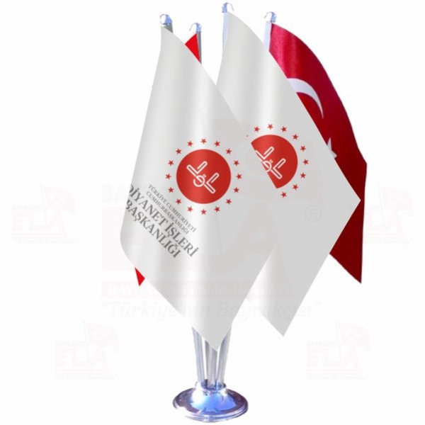 Diyanet ��leri Ba�kanl��� yaz�l� Beyaz D�rtl� �zel Masa Bayra��