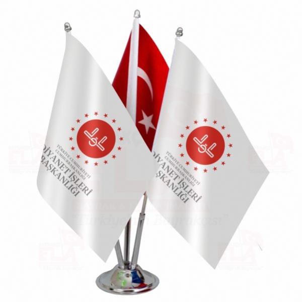 Diyanet ��leri Ba�kanl��� yaz�l� Beyaz Logolu ��l� Masa Bayra��
