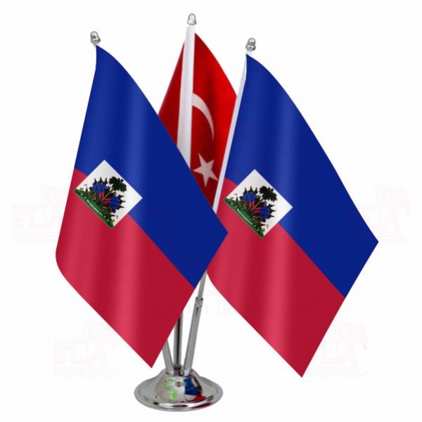 Haiti Logolu Üçlü Masa Bayrağı