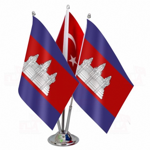 Kamboçya Logolu Üçlü Masa Bayrağı