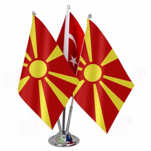 Makedonya Logolu Üçlü Masa Bayrağı
