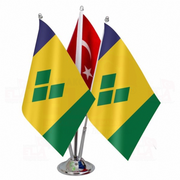 Saint Vincent ve Grenadinler Logolu Üçlü Masa Bayrağı