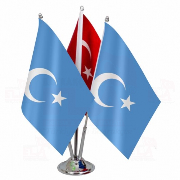 Uygur Türkleri Logolu Üçlü Masa Bayrağı