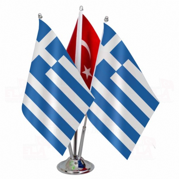 Yunanistan Logolu Üçlü Masa Bayrağı