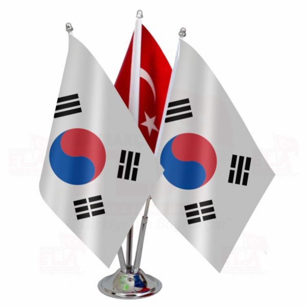 Üçlü Güney Kore Logolu Masa Bayrağı